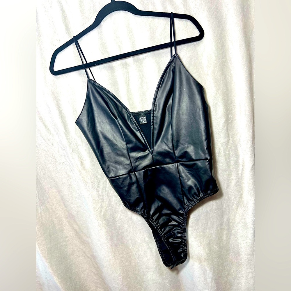 Black Fake Leather Bodysuit